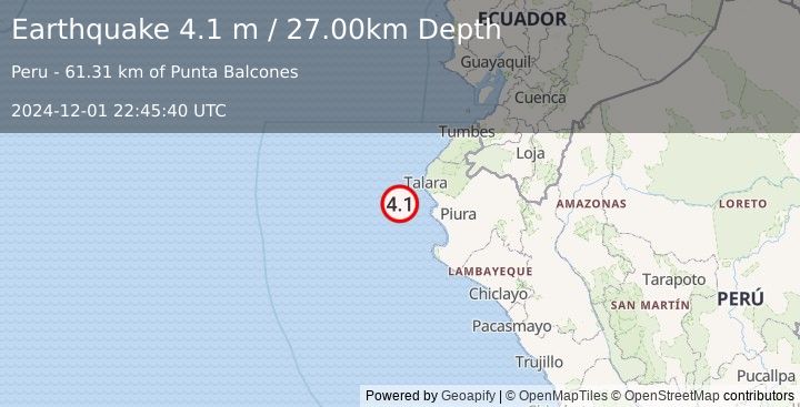 Earthquake NEAR COAST OF NORTHERN PERU (4.1 m) (2024-12-01 22:45:40 UTC)