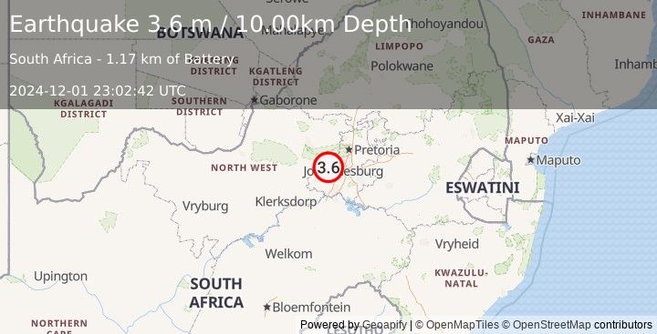 Earthquake SOUTH AFRICA (3.6 m) (2024-12-01 23:02:42 UTC)