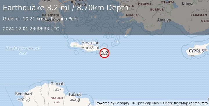 Earthquake CRETE, GREECE (3.2 ml) (2024-12-01 23:38:33 UTC)