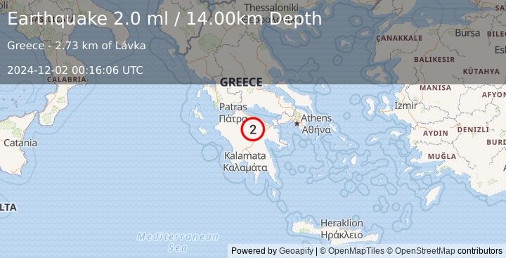 Earthquake SOUTHERN GREECE (2.0 ml) (2024-12-02 00:16:06 UTC)