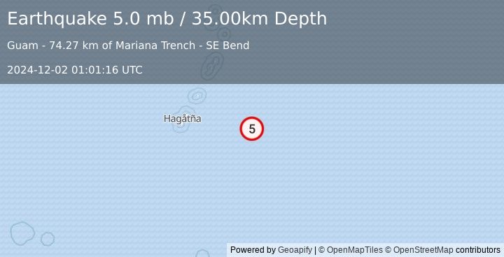 Earthquake MARIANA ISLANDS REGION (5.0 mb) (2024-12-02 01:01:11 UTC)