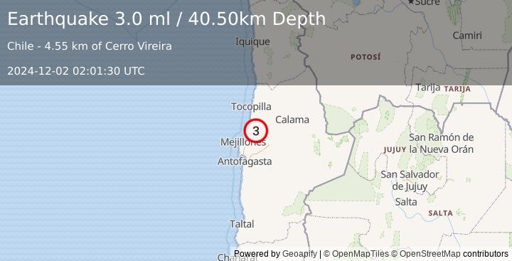 Earthquake ANTOFAGASTA, CHILE (3.0 ml) (2024-12-02 02:01:30 UTC)