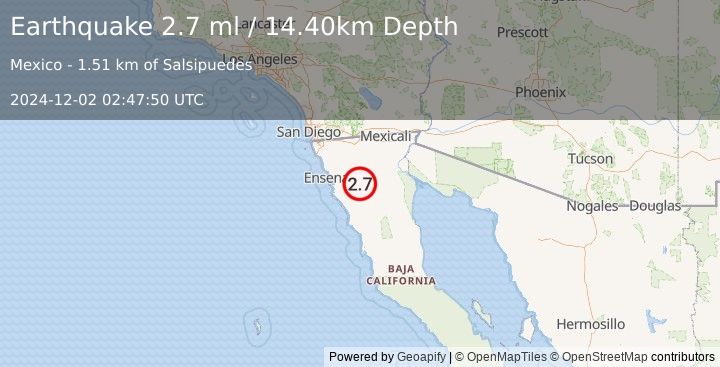 Earthquake BAJA CALIFORNIA, MEXICO (2.7 ml) (2024-12-02 02:47:50 UTC)