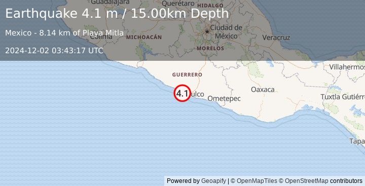 Earthquake OFFSHORE GUERRERO, MEXICO (4.1 m) (2024-12-02 03:43:17 UTC)