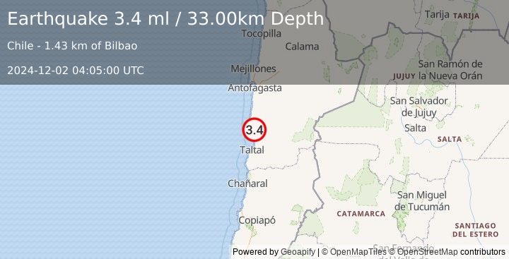 Earthquake ANTOFAGASTA, CHILE (3.4 ml) (2024-12-02 04:05:00 UTC)