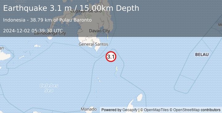 Earthquake MINDANAO, PHILIPPINES (3.1 m) (2024-12-02 05:39:30 UTC)