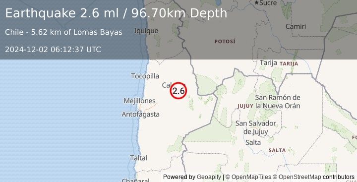 Earthquake ANTOFAGASTA, CHILE (2.6 ml) (2024-12-02 06:12:37 UTC)