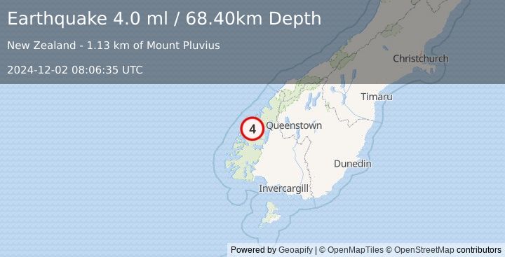 Earthquake SOUTH ISLAND OF NEW ZEALAND (4.0 ml) (2024-12-02 08:06:35 UTC)