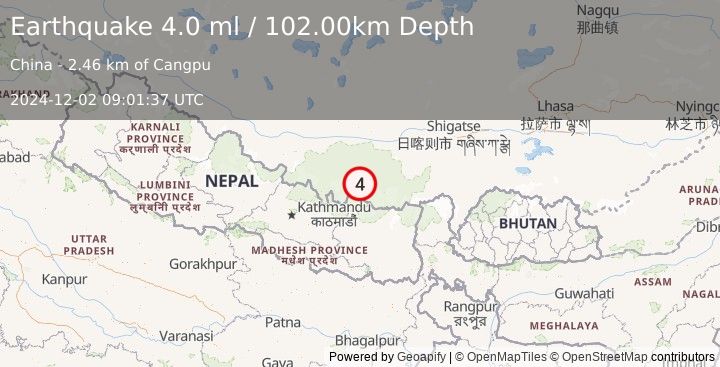 Earthquake WESTERN XIZANG (4.0 ml) (2024-12-02 09:01:37 UTC)