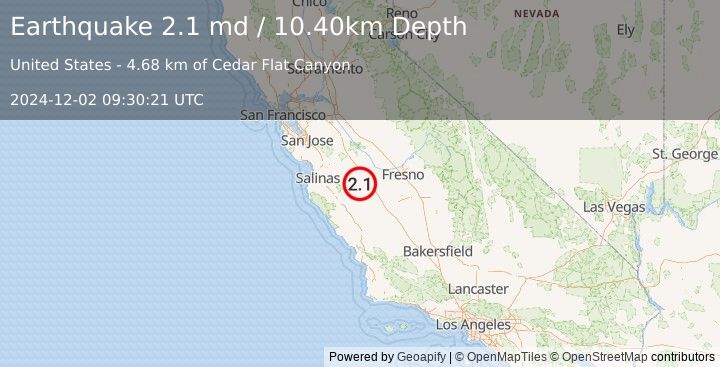 Earthquake CENTRAL CALIFORNIA (2.1 md) (2024-12-02 09:30:21 UTC)