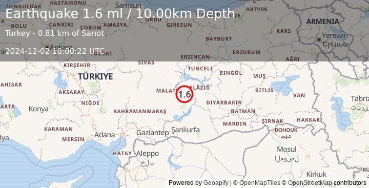 Earthquake EASTERN TURKEY (1.6 ml) (2024-12-02 10:00:22 UTC)