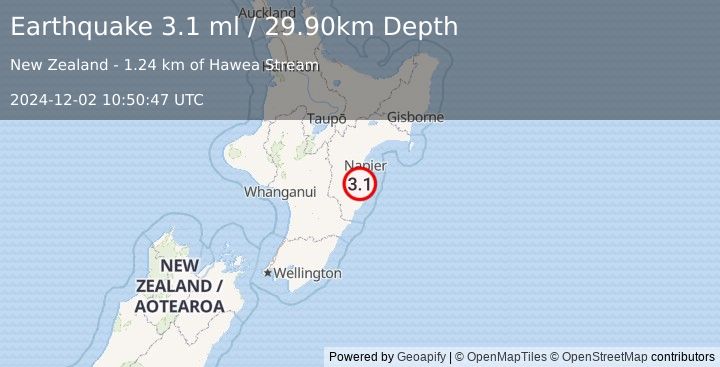 Earthquake NORTH ISLAND OF NEW ZEALAND (3.1 ml) (2024-12-02 10:50:47 UTC)