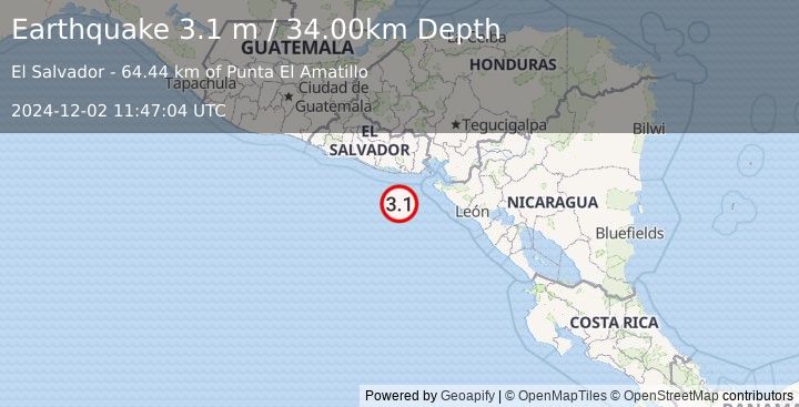 Earthquake OFFSHORE EL SALVADOR (3.1 m) (2024-12-02 11:47:04 UTC)