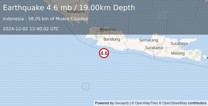 Earthquake JAVA, INDONESIA (4.6 mb) (2024-12-02 12:40:02 UTC)