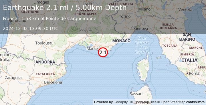 Earthquake NEAR SOUTH COAST OF FRANCE (2.1 ml) (2024-12-02 13:09:30 UTC)