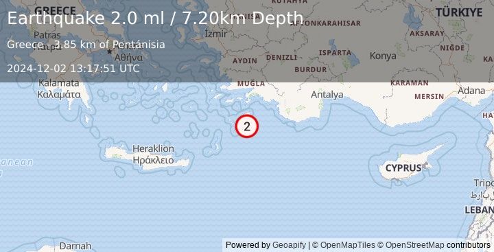 Earthquake DODECANESE IS.-TURKEY BORDER REG (2.0 ml) (2024-12-02 13:17:51 UTC)