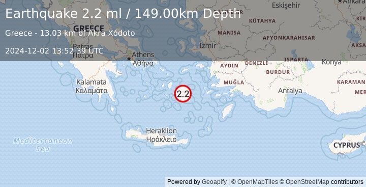 Earthquake DODECANESE ISLANDS, GREECE (2.2 ml) (2024-12-02 13:52:39 UTC)