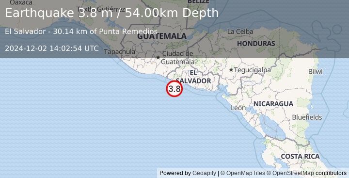 Earthquake OFFSHORE EL SALVADOR (3.8 m) (2024-12-02 14:02:54 UTC)