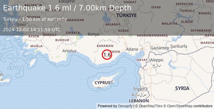 Earthquake CENTRAL TURKEY (1.6 ml) (2024-12-02 14:51:59 UTC)