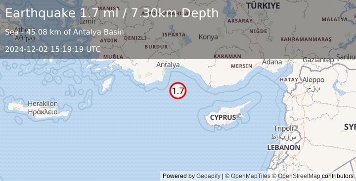 Earthquake CYPRUS REGION (1.7 ml) (2024-12-02 15:19:19 UTC)