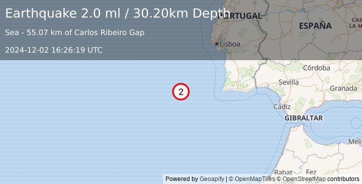 Earthquake AZORES-CAPE ST. VINCENT RIDGE (2.0 ml) (2024-12-02 16:26:19 UTC)