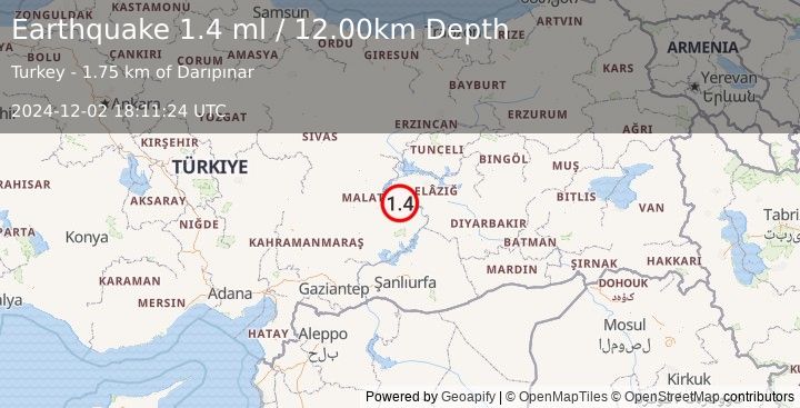 Earthquake EASTERN TURKEY (1.4 ml) (2024-12-02 18:11:24 UTC)