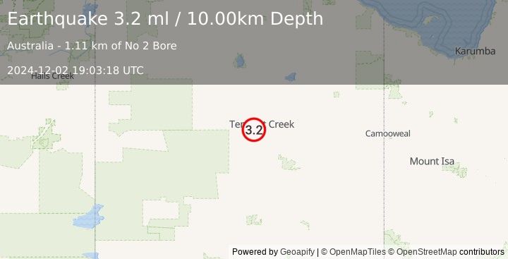 Earthquake NORTHERN TERRITORY, AUSTRALIA (3.2 ml) (2024-12-02 19:03:18 UTC)