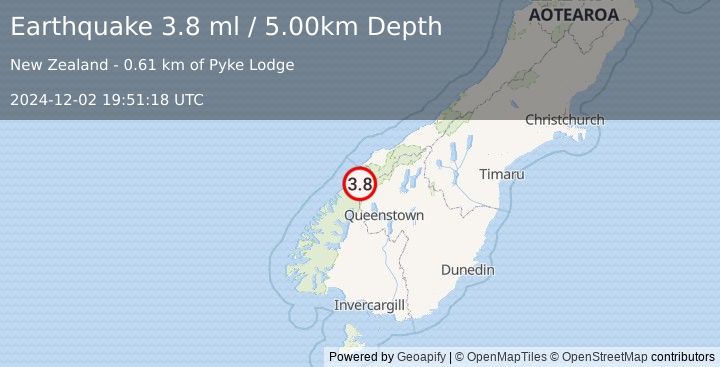 Earthquake SOUTH ISLAND OF NEW ZEALAND (3.8 ml) (2024-12-02 19:51:18 UTC)