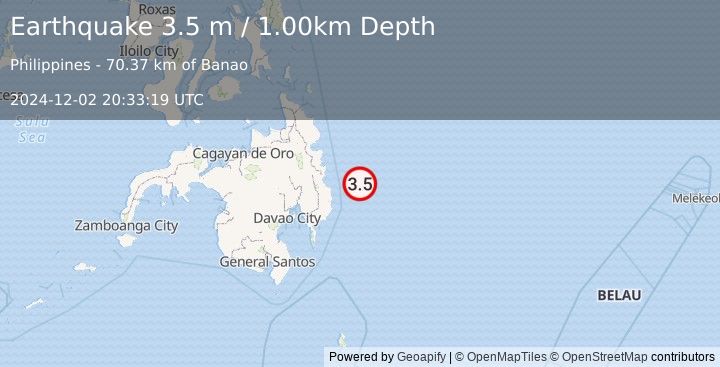 Earthquake PHILIPPINE ISLANDS REGION (3.5 m) (2024-12-02 20:33:19 UTC)