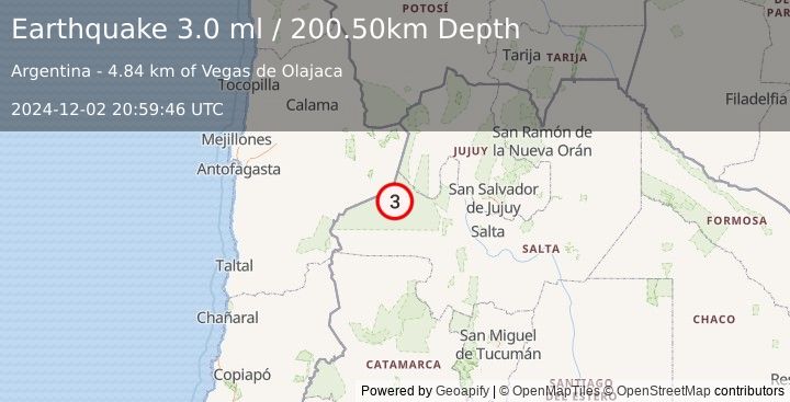 Earthquake SALTA, ARGENTINA (3.0 ml) (2024-12-02 20:59:46 UTC)