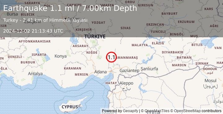 Earthquake CENTRAL TURKEY (1.1 ml) (2024-12-02 21:13:43 UTC)