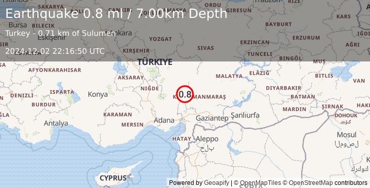 Earthquake CENTRAL TURKEY (0.8 ml) (2024-12-02 22:16:50 UTC)