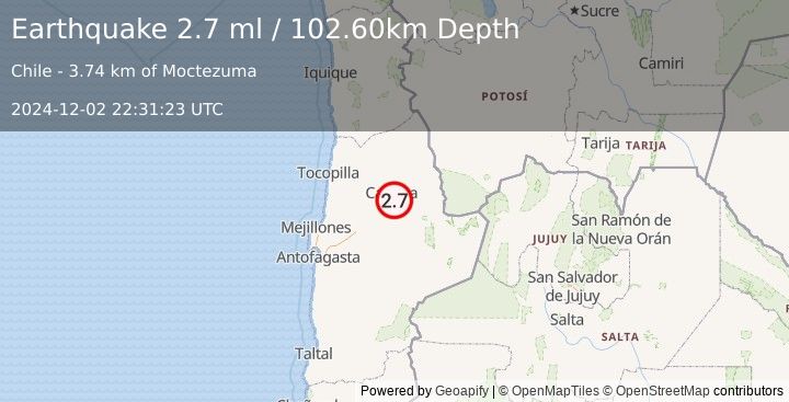 Earthquake ANTOFAGASTA, CHILE (2.7 ml) (2024-12-02 22:31:23 UTC)