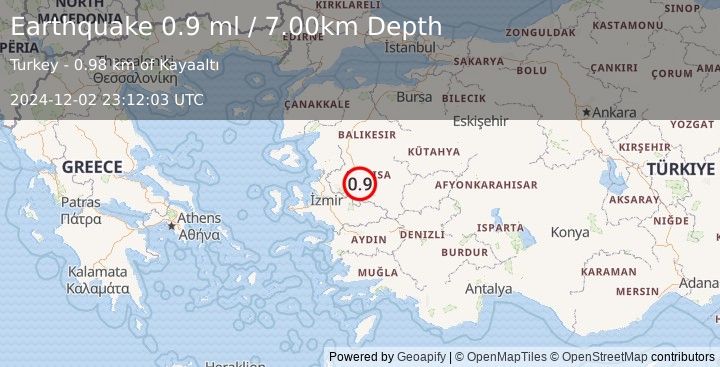 Earthquake WESTERN TURKEY (0.9 ml) (2024-12-02 23:12:03 UTC)