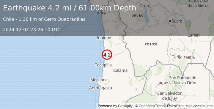 Earthquake TARAPACA, CHILE (4.2 ml) (2024-12-02 23:26:10 UTC)