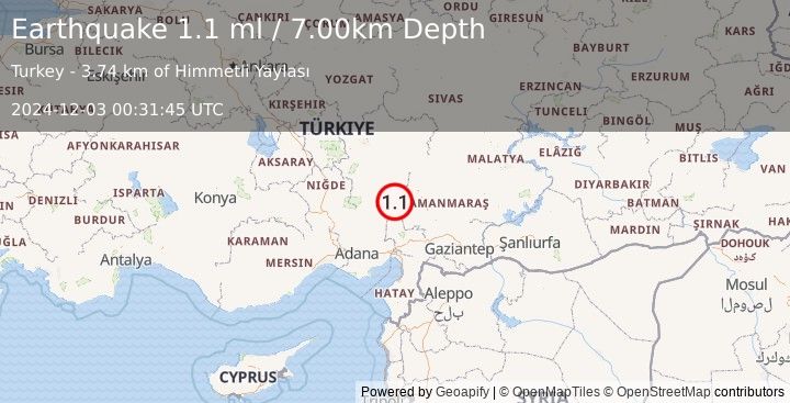 Earthquake CENTRAL TURKEY (1.1 ml) (2024-12-03 00:31:45 UTC)