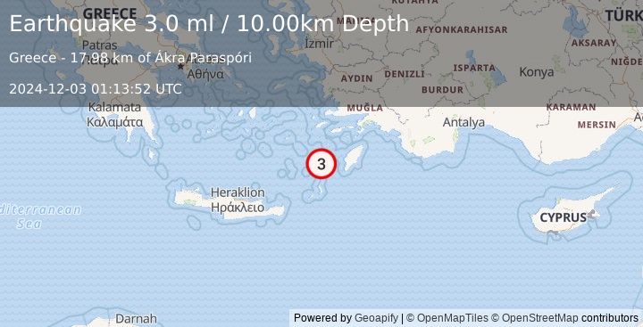 Earthquake DODECANESE IS.-TURKEY BORDER REG (3.0 ml) (2024-12-03 01:13:52 UTC)