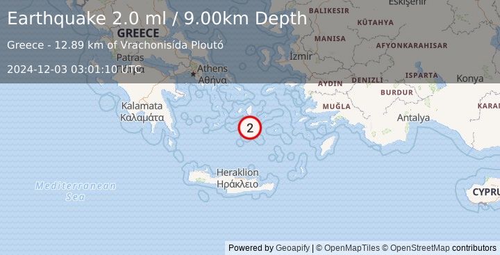 Earthquake DODECANESE ISLANDS, GREECE (2.0 ml) (2024-12-03 03:01:10 UTC)