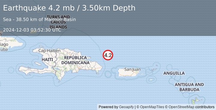 Earthquake DOMINICAN REPUBLIC REGION (4.2 mb) (2024-12-03 03:52:30 UTC)