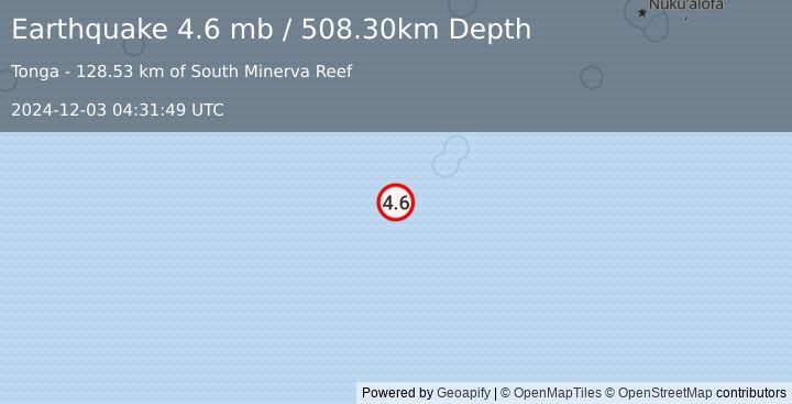 Earthquake SOUTH OF FIJI ISLANDS (4.6 mb) (2024-12-03 04:31:49 UTC)