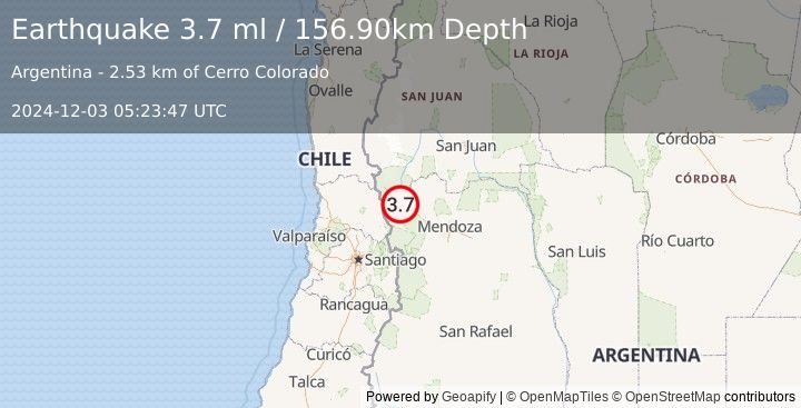 Earthquake MENDOZA, ARGENTINA (3.8 ml) (2024-12-03 05:23:49 UTC)