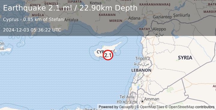 Earthquake CYPRUS REGION (2.1 ml) (2024-12-03 05:36:22 UTC)