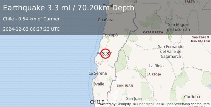 Earthquake ATACAMA, CHILE (3.3 ml) (2024-12-03 06:27:23 UTC)