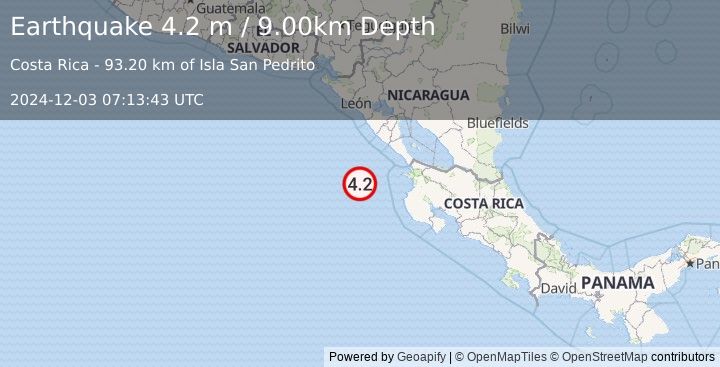 Earthquake OFF COAST OF COSTA RICA (4.2 m) (2024-12-03 07:13:43 UTC)