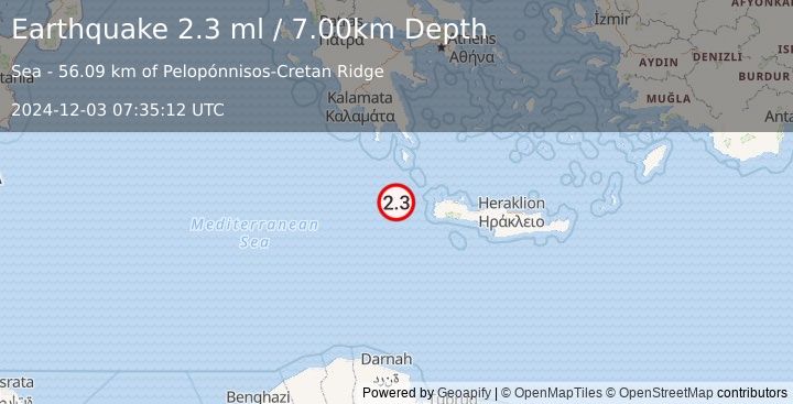 Earthquake CENTRAL MEDITERRANEAN SEA (2.3 ml) (2024-12-03 07:35:12 UTC)