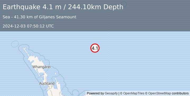 Earthquake SOUTH OF KERMADEC ISLANDS (4.1 m) (2024-12-03 07:50:12 UTC)