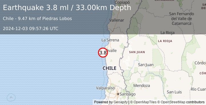 Earthquake OFFSHORE COQUIMBO, CHILE (3.8 ml) (2024-12-03 09:57:26 UTC)