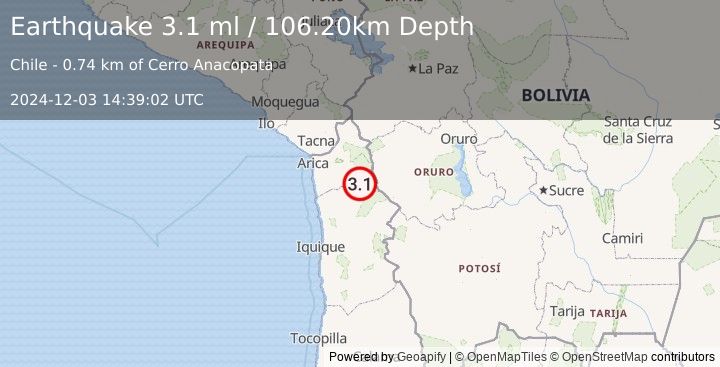 Earthquake TARAPACA, CHILE (3.1 ml) (2024-12-03 14:39:02 UTC)