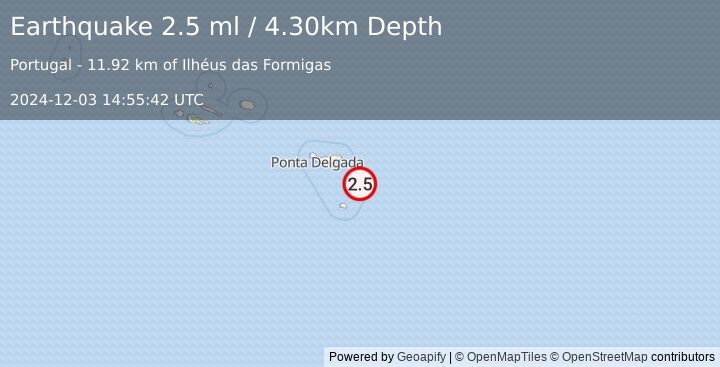 Earthquake AZORES ISLANDS REGION (2.5 ml) (2024-12-03 14:55:42 UTC)