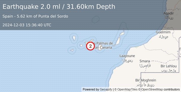 Earthquake CANARY ISLANDS, SPAIN REGION (2.0 ml) (2024-12-03 15:36:40 UTC)